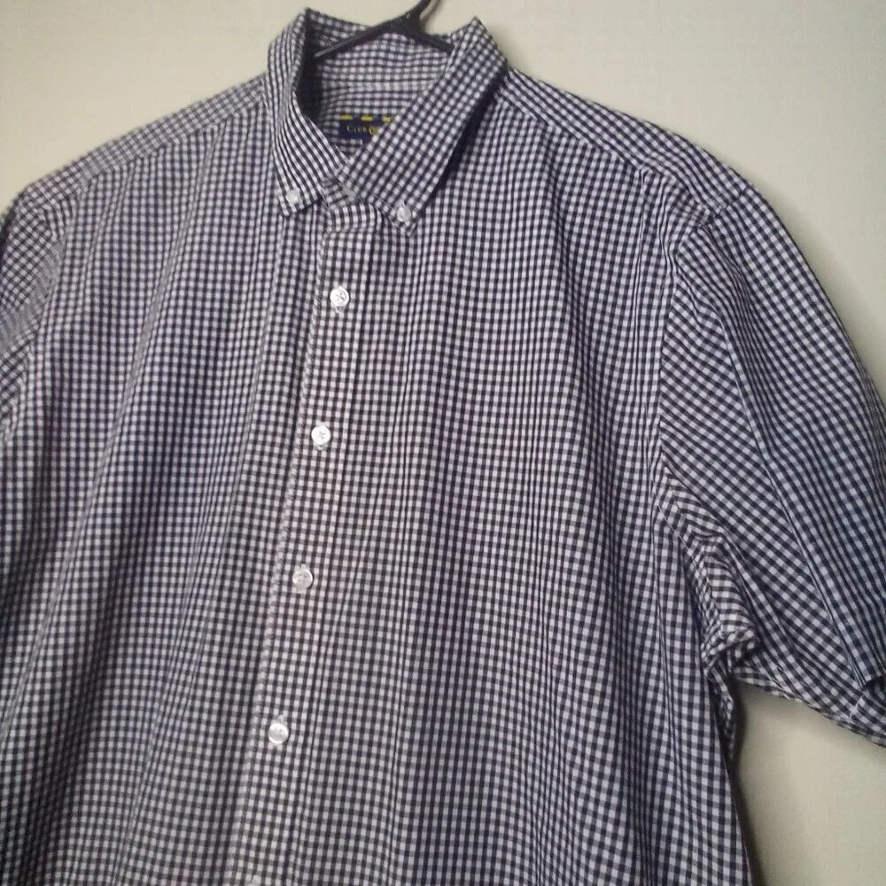 Club Room Shirt Men XL Button Down Short Sleeve Plaid Gingham Black White